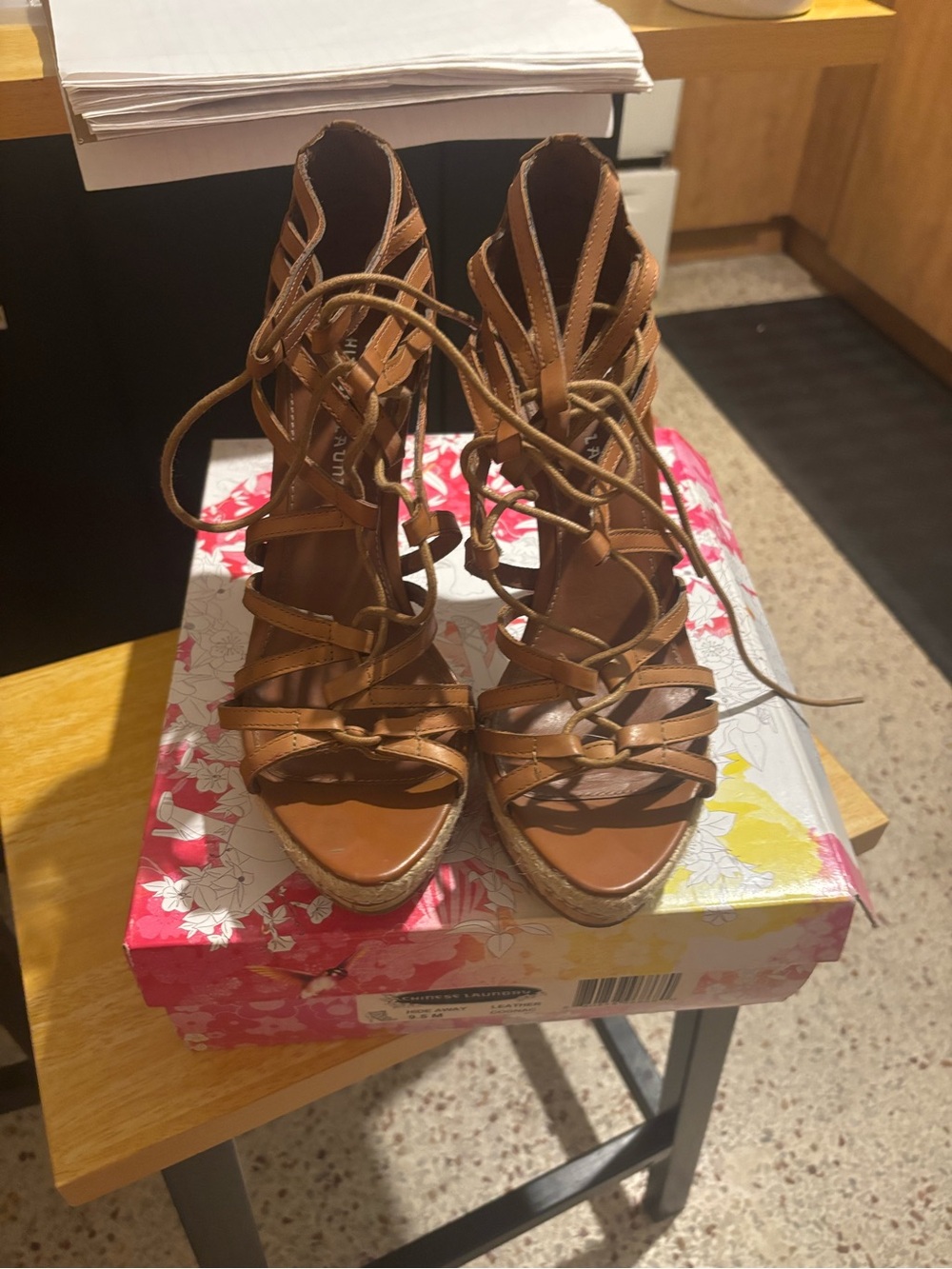 Chinese laundry Brown Strappy Lace-Up Wedge Sandals 9.5